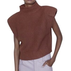 Zara Rust Brown Cap Sleeve Padded Shoulder Cropped Knit Sweater Vest - S